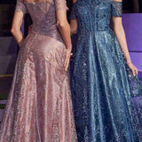Ladivine J835 Floor Length Off the Shoulder A-line Glitter Print Gown