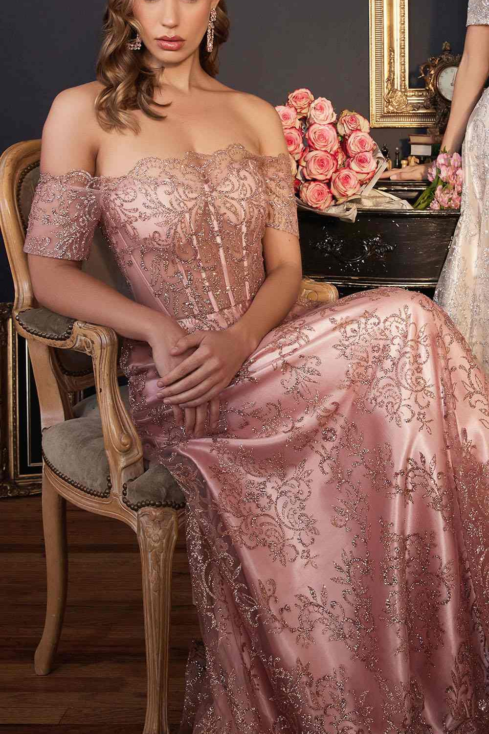 Ladivine J835 Floor Length Off the Shoulder A-line Glitter Print Gown