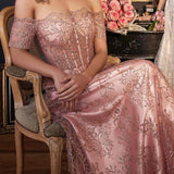 Ladivine J835 Floor Length Off the Shoulder A-line Glitter Print Gown