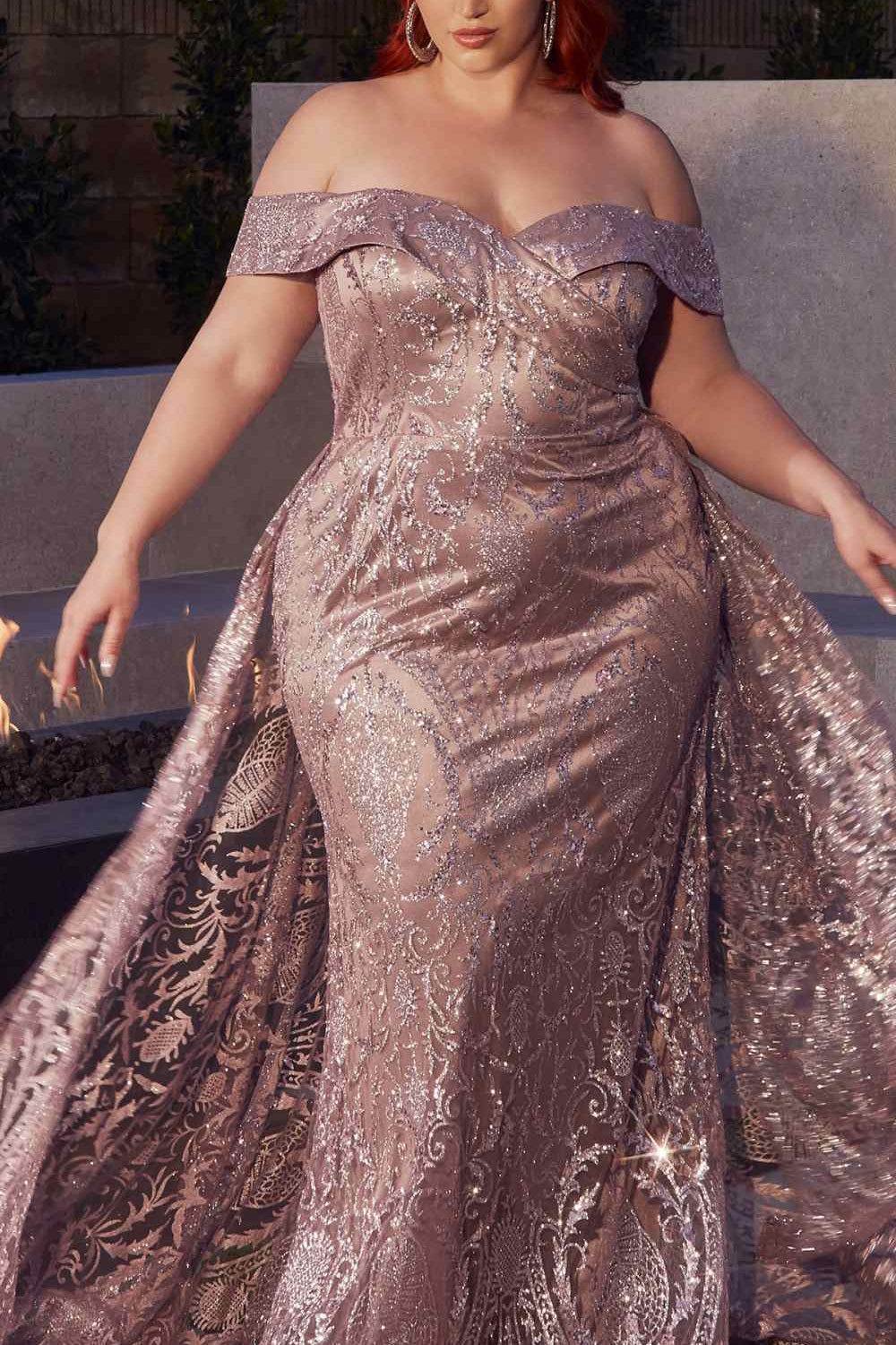 Ladivine J836 Long Off the Shoulder Lace Gown with Over Skirt
