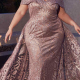 Ladivine J836 Long Off the Shoulder Lace Gown with Over Skirt