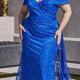 Ladivine J836 Long Off the Shoulder Lace Gown with Over Skirt