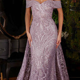 Ladivine J836 Long Off the Shoulder Lace Gown with Over Skirt