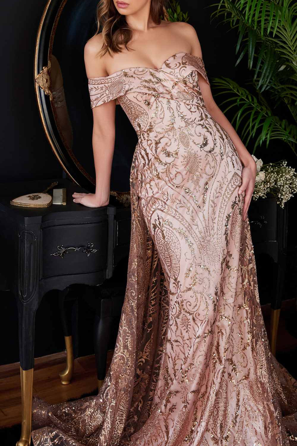 Ladivine J836 Long Off the Shoulder Lace Gown with Over Skirt