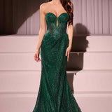 Ladivine J871 Long Sultry Fitted Strapless Embellished Prom Gown