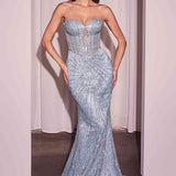 CLEARANCE - Ladivine J871 Long Sultry Fitted Strapless Gold Gown (Size 16)