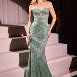 Ladivine J871 Long Sultry Fitted Strapless Embellished Prom Gown