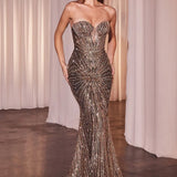 CLEARANCE - Ladivine J871 Long Sultry Fitted Strapless Gold Gown (Size 16)