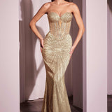 Ladivine J871 Long Sultry Fitted Strapless Embellished Prom Gown