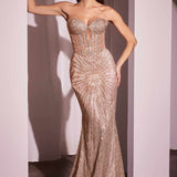 CLEARANCE - Ladivine J871 Long Sultry Fitted Strapless Gold Gown (Size 16)