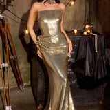 Ladivine J905 Sleek Strapless Sequin Side Illusion Modern Fitted Gown