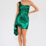 Juliet JT943K Dress One Shoulder Stretch Ruched Metallic Cocktail Side Drape