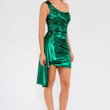 Juliet JT943K Dress One Shoulder Stretch Ruched Metallic Cocktail Side Drape