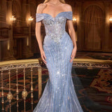 Ladivine KV1130 Mermaid Gown Off Shoulder Crystal Embellished Tulle
