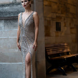 Lara 29499 - Embellished Long Dress with Thigh High Slit