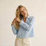 Light Blue Button-Front cropped Shirt in cotton fabric