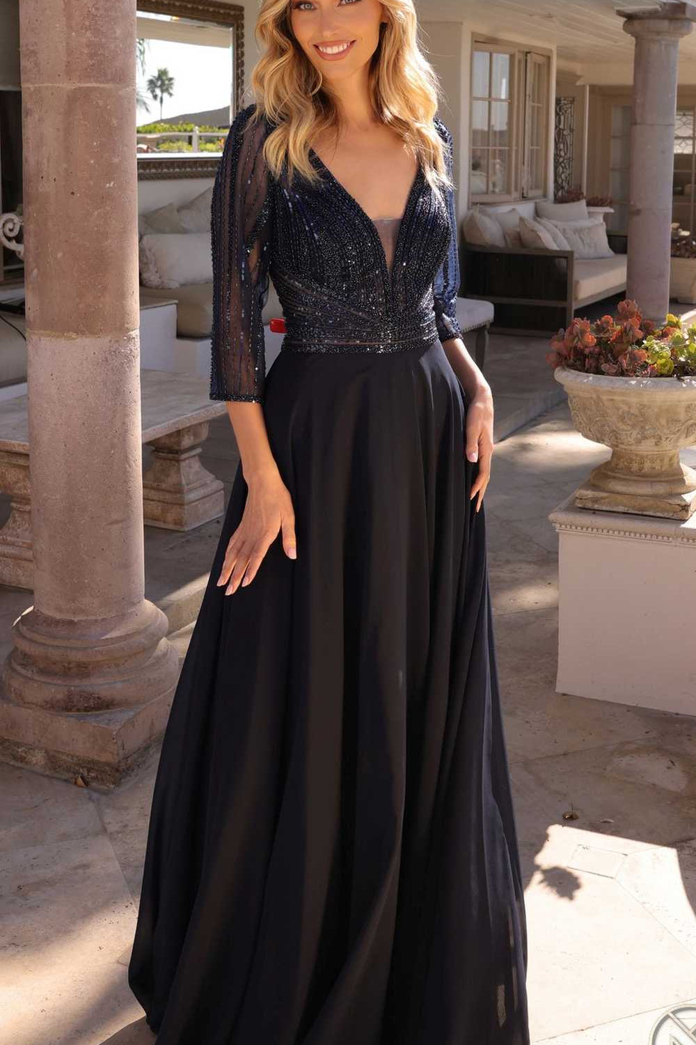 Nox Anabel MF101 Long V-Neck Embellished Bodice 3/4 Sleeve A-line Gown