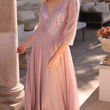 Nox Anabel MF101 Long V-Neck Embellished Bodice 3/4 Sleeve A-line Gown