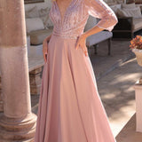 Nox Anabel MF101 Long V-Neck Embellished Bodice 3/4 Sleeve A-line Gown
