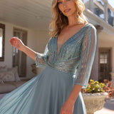 Nox Anabel MF101 Long V-Neck Embellished Bodice 3/4 Sleeve A-line Gown