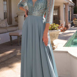 Nox Anabel MF101 Long V-Neck Embellished Bodice 3/4 Sleeve A-line Gown