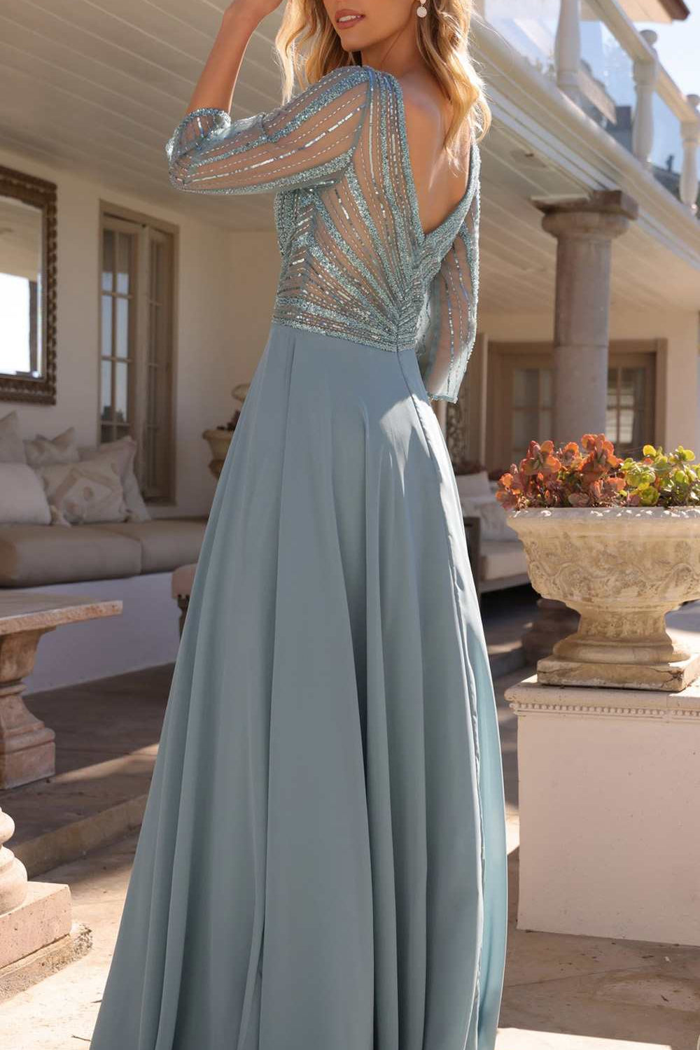 Nox Anabel MF101 Long V-Neck Embellished Bodice 3/4 Sleeve A-line Gown