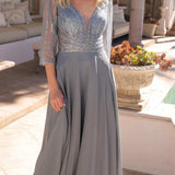 Nox Anabel MF101 Long V-Neck Embellished Bodice 3/4 Sleeve A-line Gown