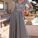 Nox Anabel MF101 Long V-Neck Embellished Bodice 3/4 Sleeve A-line Gown
