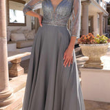 Nox Anabel MF101 Long V-Neck Embellished Bodice 3/4 Sleeve A-line Gown