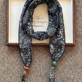 Multi-Functional Floral Satin Scarf With Jade Bead Accents