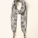 Multi-Functional Floral Satin Scarf With Jade Bead Accents