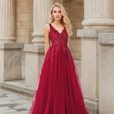 Mysteria - Ruby red deep V-neck lace soft tulle prom dress colored wedding dress