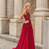 Mysteria - Ruby red deep V-neck lace soft tulle prom dress colored wedding dress