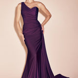 Ladivine PT004 Long Chic One Shoulder Stretch Satin Side Sash Gown