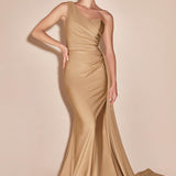 Ladivine PT004 Long Chic One Shoulder Stretch Satin Side Sash Gown