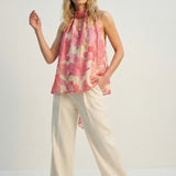 Pink Floral Soft Chiffon Halter Top