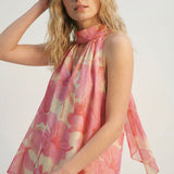 Pink Floral Soft Chiffon Halter Top