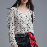 Polka Dot Button-Up chiffon Shirt with Ruffles