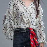 Polka Dot Button-Up chiffon Shirt with Ruffles