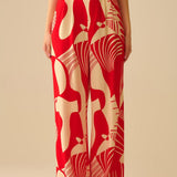 Red abstract print wide-leg trousers