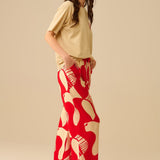 Red abstract print wide-leg trousers