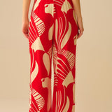 Red abstract print wide-leg trousers