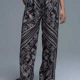 Relaxed Paisley Print Pants With Adjustable Drawstring in Brown