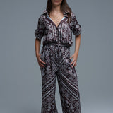 Relaxed Paisley Print Pants With Adjustable Drawstring in Brown