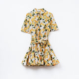 Romantic dress with waistband and lemon print and short sleeves