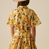 Romantic dress with waistband and lemon print and short sleeves