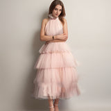 Ruffle Layered tulle Hem Haltered A-line tutu French style long prom dress