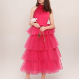 Ruffle Layered tulle Hem Haltered A-line tutu French style long prom dress