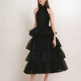 Ruffle Layered tulle Hem Haltered A-line tutu French style long prom dress