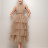 Ruffle Layered tulle Hem Haltered A-line tutu French style long prom dress